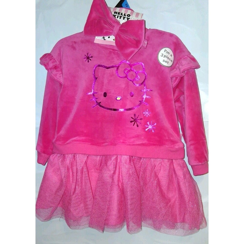 NWT HELLO KITTY 3 Piece24 Month pink velure tutu dress, tights, hair bow outfit